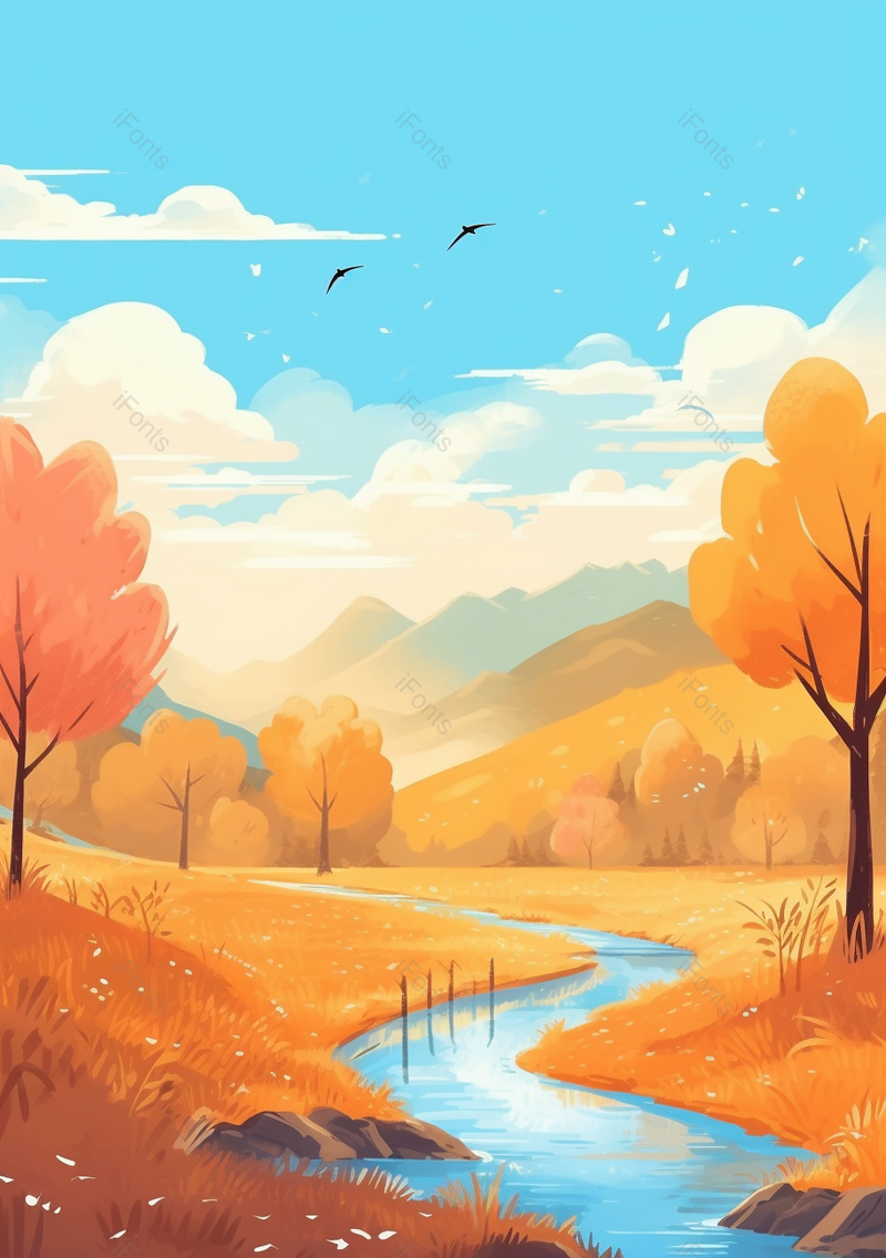 秋天一片金黄树木河流背景,插画/手绘图,插画/手绘图库,插画/手绘图下载,插画/手绘